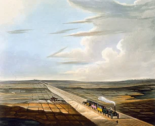 A Chat Mosson áthaladó vasút képe, 5. tábla a „Liverpool und Manchester Railway színes nézetéből” H. Pyall metszetéből, kiadó: Ackermann und Co., London, 1833.